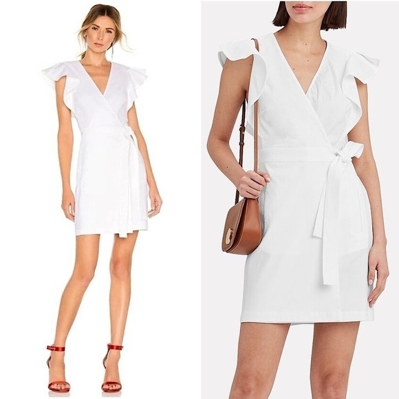 ALC Linen Blend Ruffled Flutter Short Sleeve Tie Waist V-Neck Mini Wrap Dress 10 - Picture 11 of 16